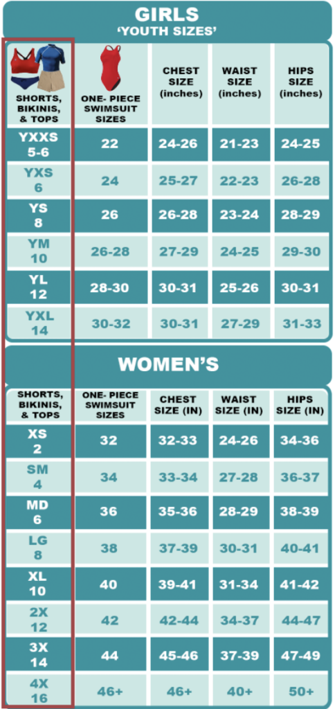 Women's two piece lifeguard swimsuit size chart and guide.