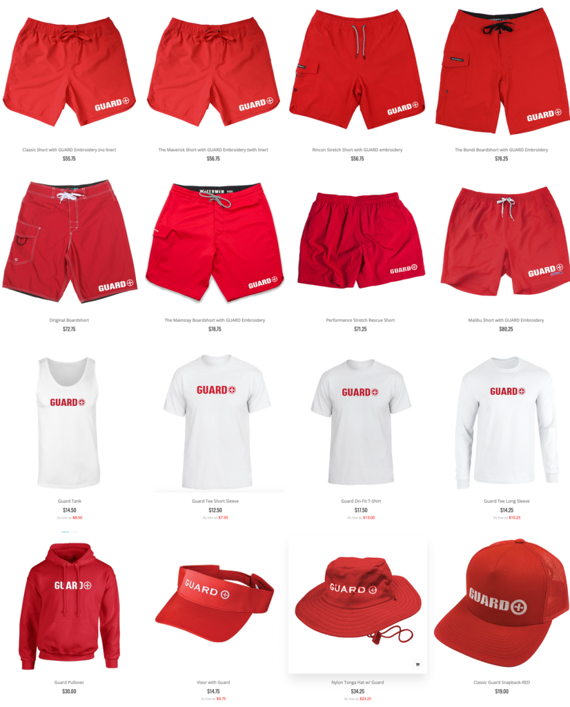 Lifeguard shorts, shirts, and gear with GUARD+ embroidery. Lifeguard Apparel for sale