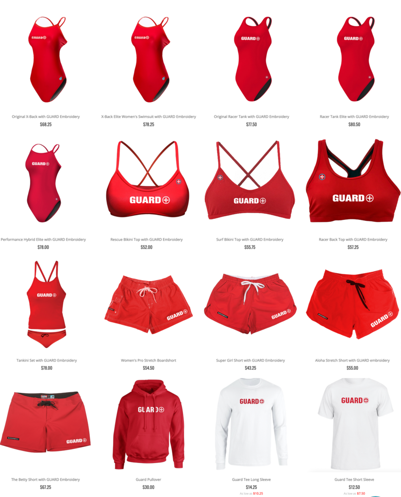 Women's Lifeguard swimsuits, suits, shorts, bikinis and tees. Lifeguard gear with GUARD+ logo